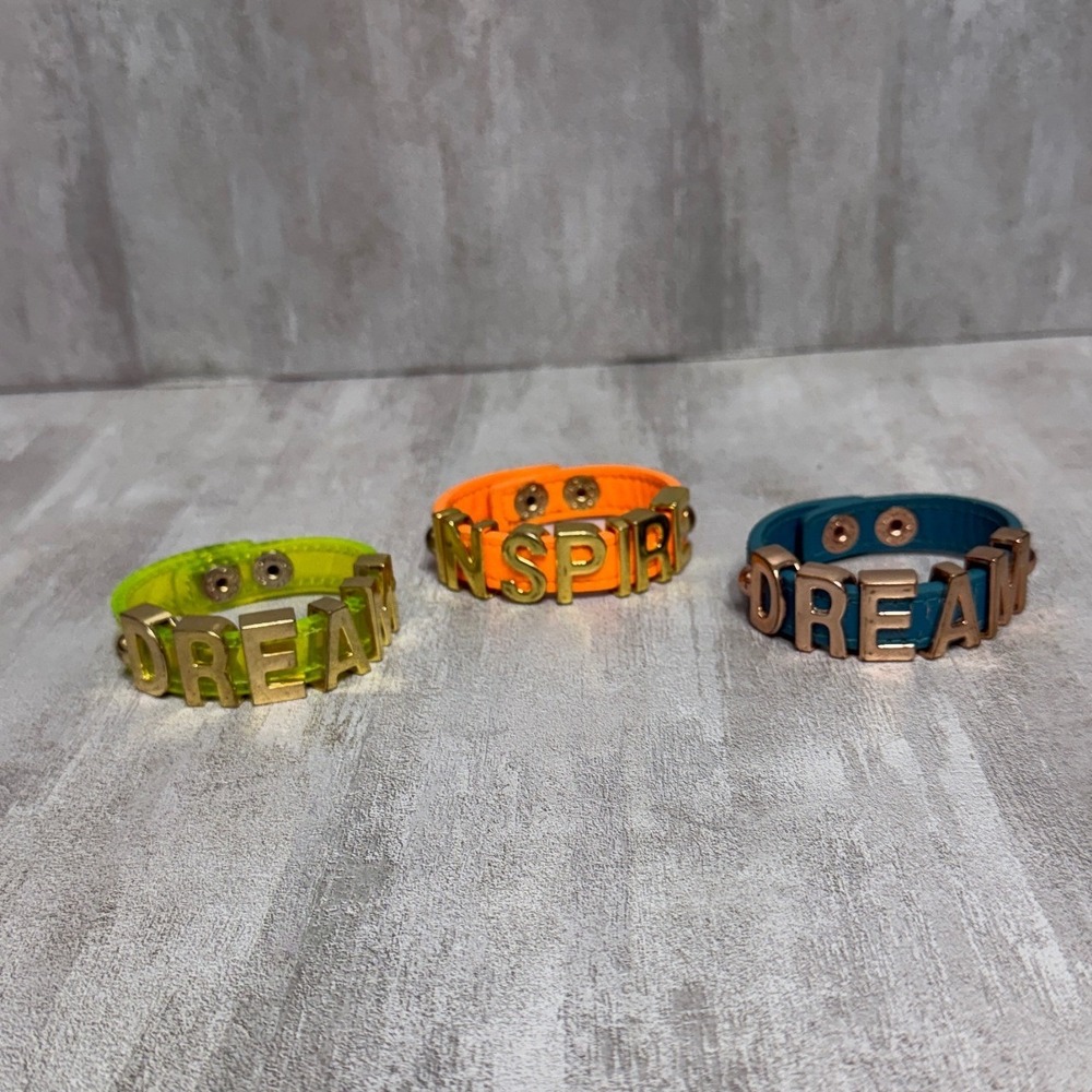 BCBGeneration 3pc Word Bracelet Set Neon Lime Orange Teal Dream Inspire Jewelry